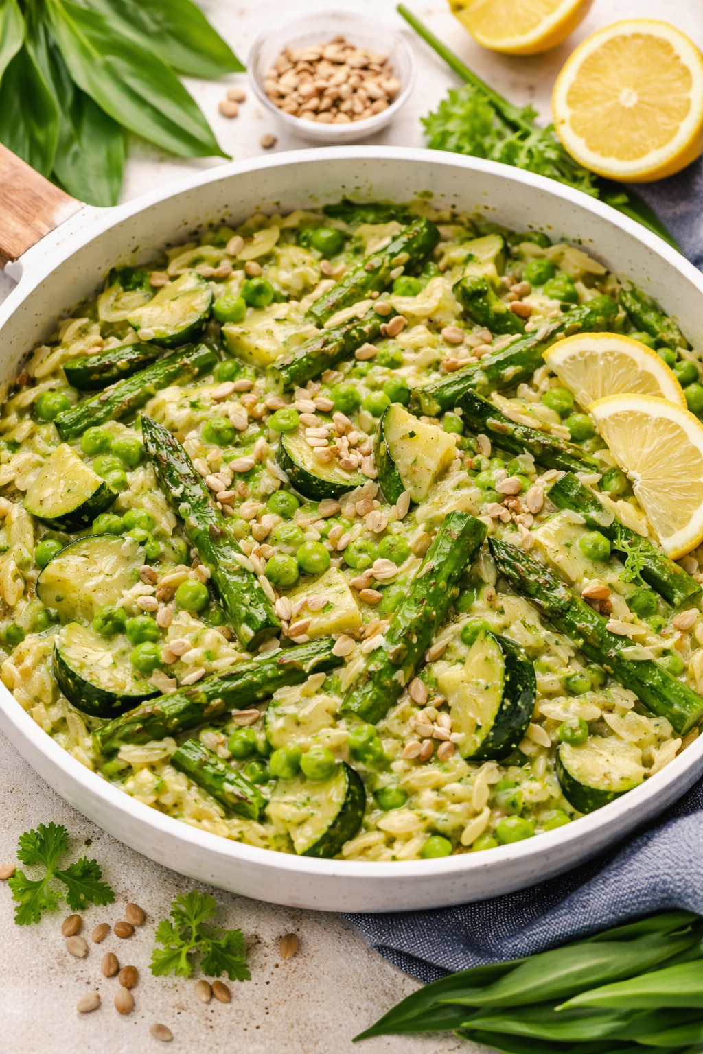 Cremiges Bärlauch-Zitronen-Orzo mit grünem Gemüse